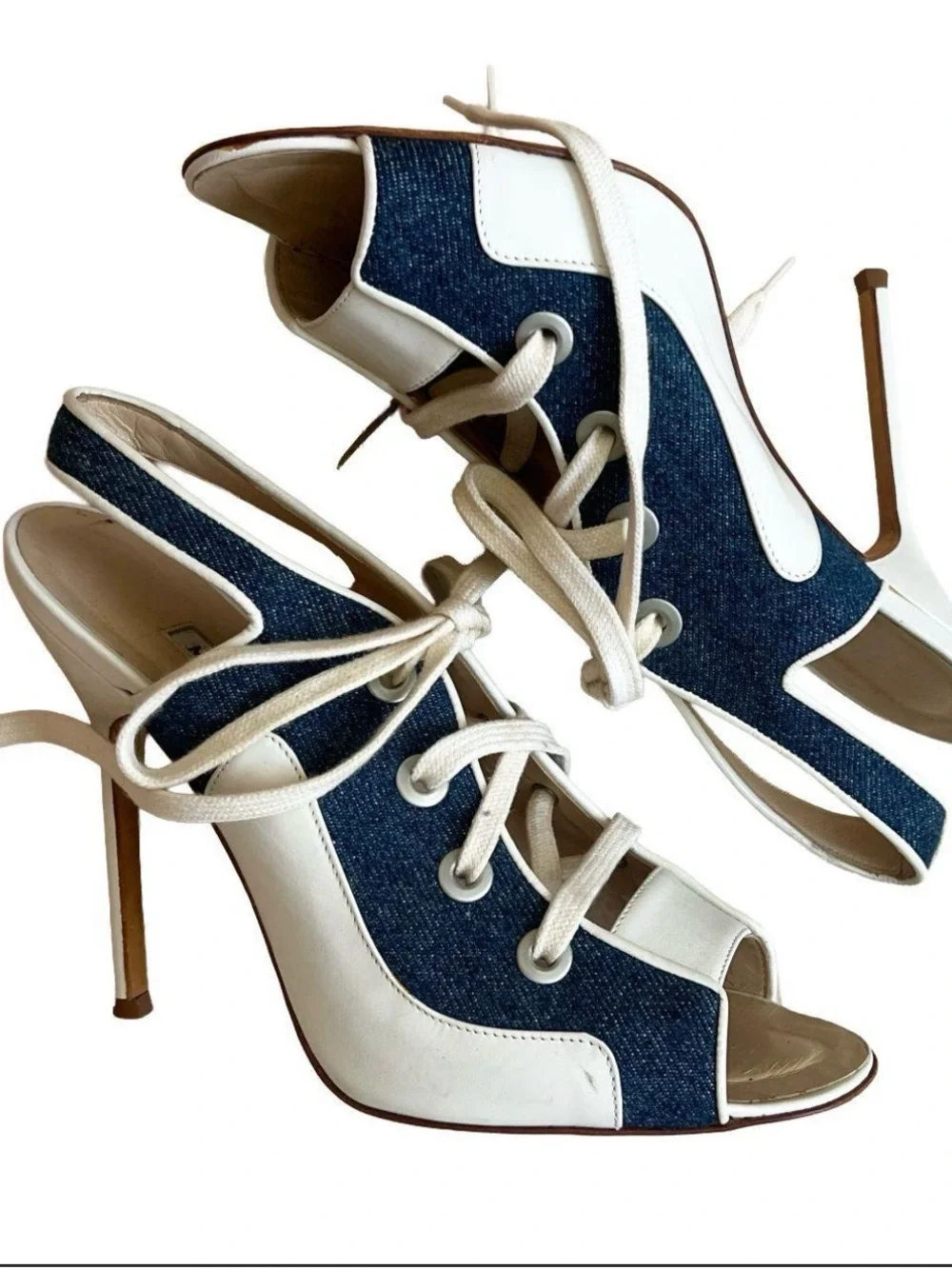 Manolo Blahnik White and Blue Denim Lace-Up Slingback Heels